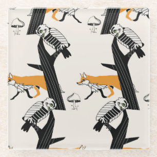 Fox, owl, tree, vintage seamless. glass coaster