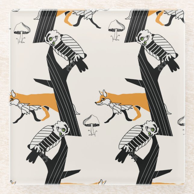 Fox, owl, tree, vintage seamless. glass coaster (Front)