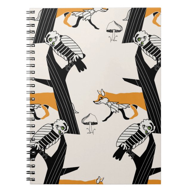 Fox, owl, tree, vintage seamless. notebook (Front)