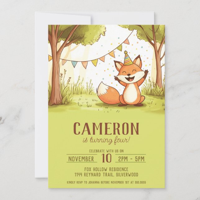 Fox party hat outdoor kid's birthday invitation (Front)