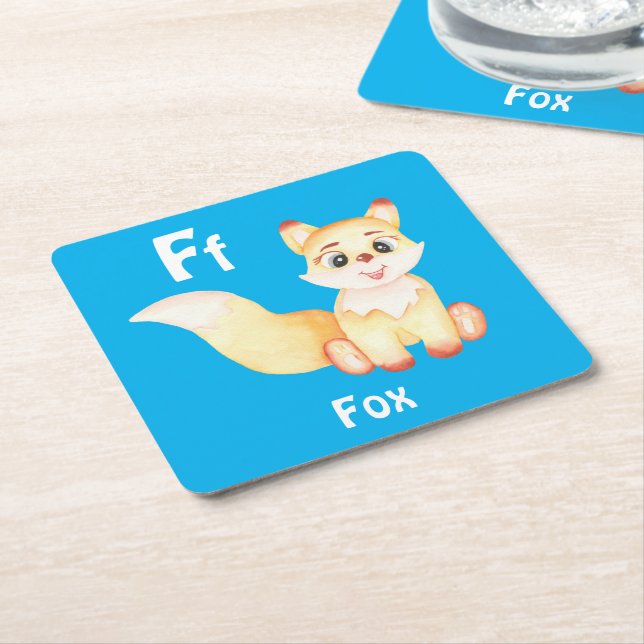 Fox personalise ABC: Letter F - Add Your Name Square Paper Coaster (Angled)