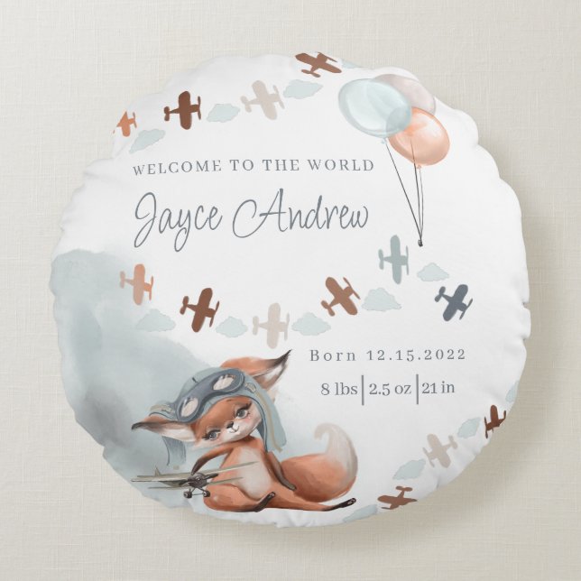 Fox Pilot Birth Stat Throw Pillow (Front)