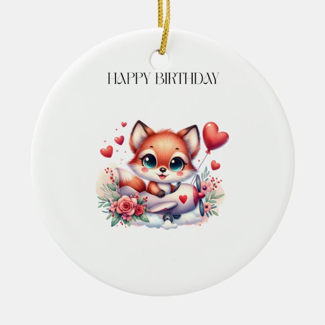Fox Pilot Birthday Ceramic Tree Decoration (Front)