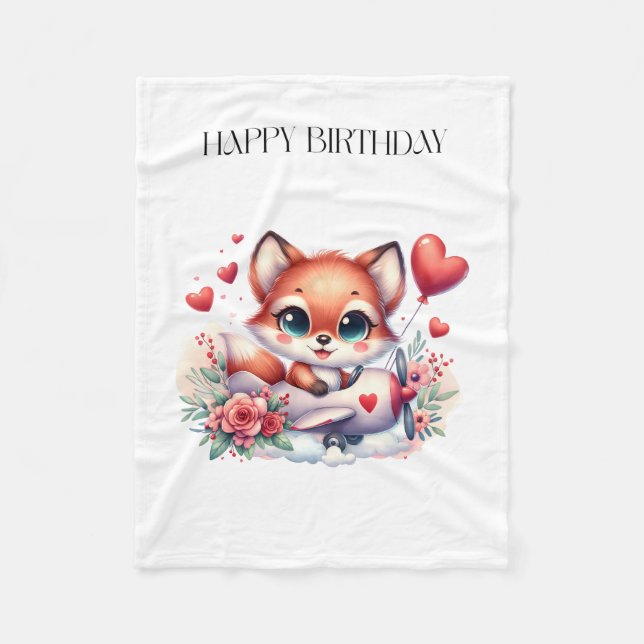 Fox Pilot Birthday Fleece Blanket (Front)