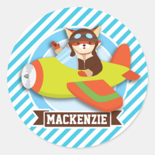 Fox Pilot in Green & Orange Aeroplane; Blue Stripe Classic Round Sticker