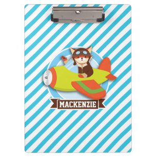 Fox Pilot in Green & Orange Aeroplane; Blue Stripe Clipboard