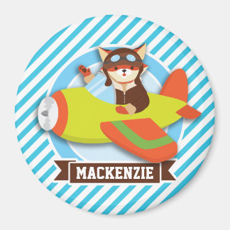 Fox Pilot in Green & Orange Aeroplane; Blue Stripe Magnet