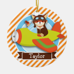 Fox Pilot in Green & Orange Aeroplane Ceramic Tree Decoration