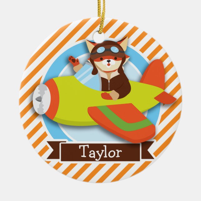 Fox Pilot in Green & Orange Aeroplane Ceramic Tree Decoration (Front)