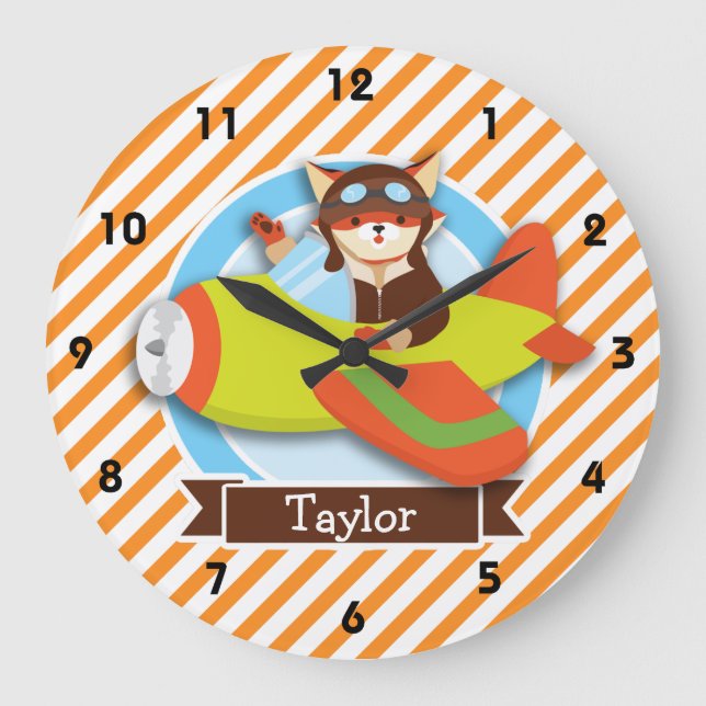 Fox Pilot in Green & Orange Aeroplane Large Clock (Front)