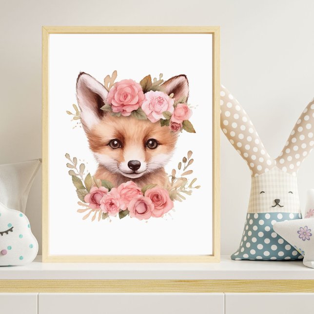 Fox Pink Floral Girl Nursery Print Poster (Creator Uploaded)