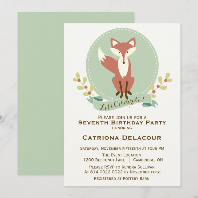 Fox Portrait Floral Kids Birthday Party Invitation (Front/Back)