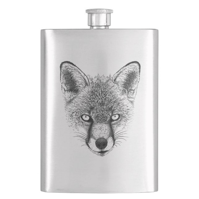 Fox Portrait Wildlife Illustration Hip Flask (Front)