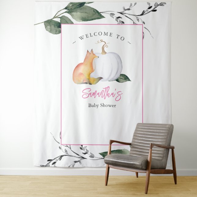 Fox Pumpkin Baby Shower Backdrops Greenery Tapestry (In Situ)