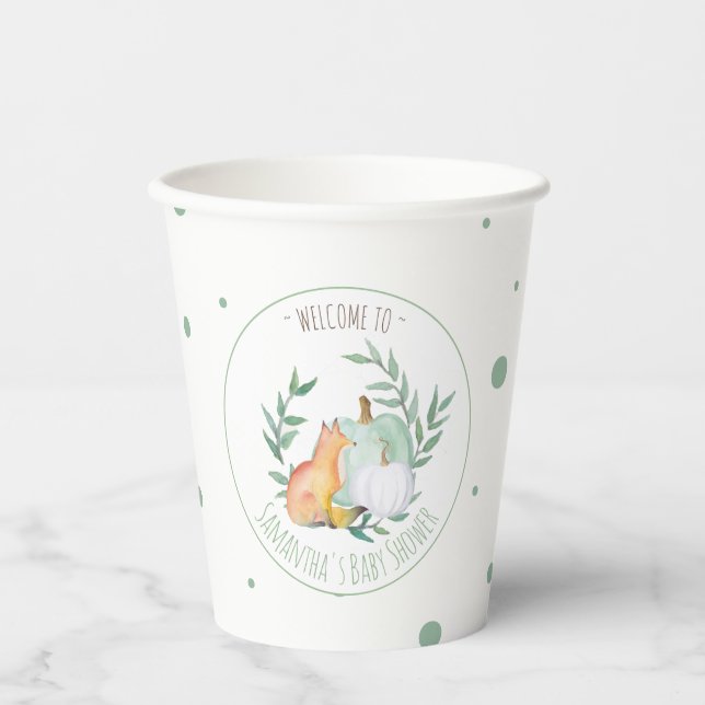 Fox Pumpkin Paper Cups – November Baby Shower (Front)