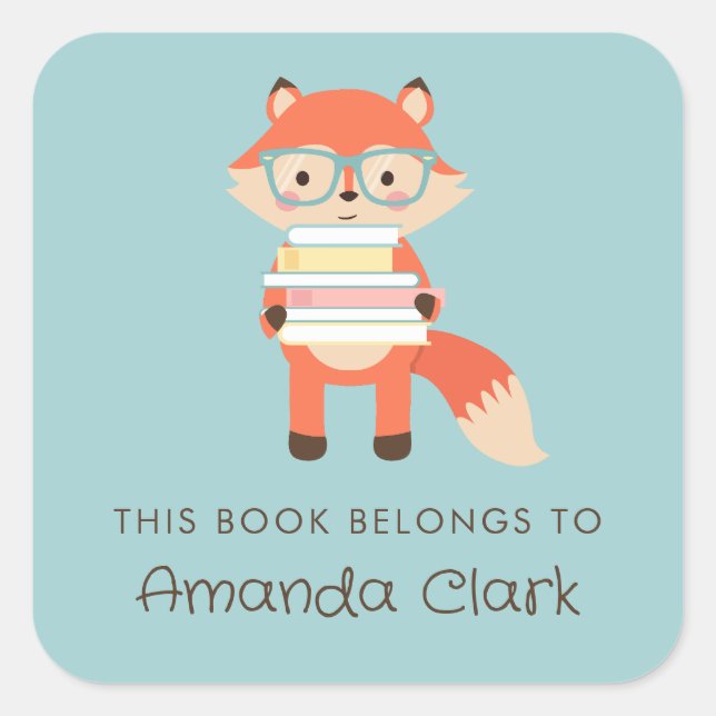 Fox reading bookplate square sticker (Front)