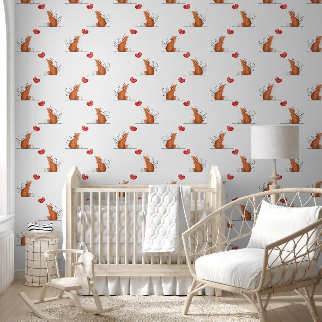 Fox & Red Heart Balloon Design Wallpaper (Kids)