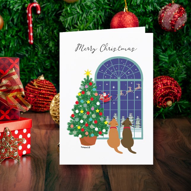 Fox Red Lab, Chocolate Lab Magical Christmas  Holiday Card (Fox Red Lab, Chocolate Lab Magical Night Christmas Cards.  Santa Claus in the sky. Labrador design.)