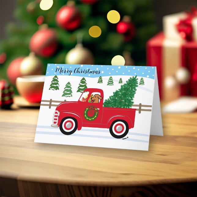 Fox Red Labrador Red Truck Christmas Holiday Card (Fox Red Labrador and Vintage Red Truck Design Christmas Cards for Fox Red Labrador Owners. )