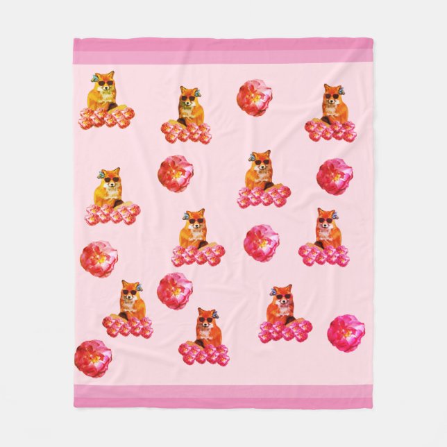 Fox & Roses Pop art Fleece Blanket (Front)