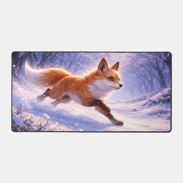 Fox Running in Winter Snow Desk Mat (Front)