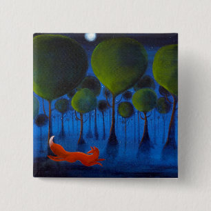 Fox Running In Woodland at Night. 15 Cm Square Badge