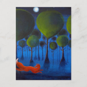 Fox Running In Woodland at Night. Postcard