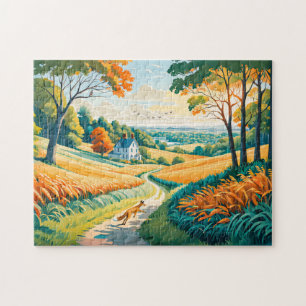 Fox Running on Field Path in Autumn Farmland Jigsaw Puzzle