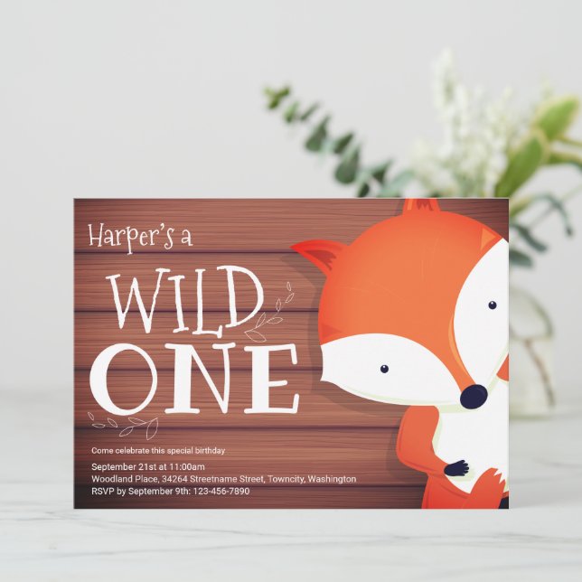 Fox Rustic Wood Wild One First Birthday Invitation (Standing Front)