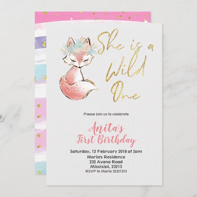 Fox She is a Wild One Birthday Invitation (Front/Back)