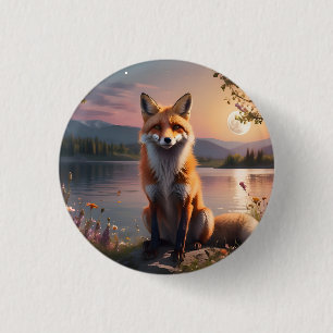 Fox sitting by the lake in the sunset. 3 cm round badge