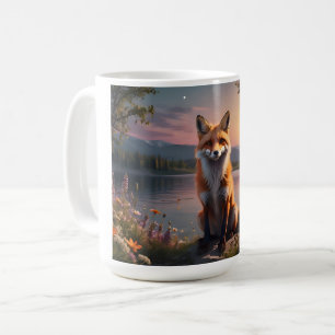Fox sitting by the lake in the sunset. coffee mug