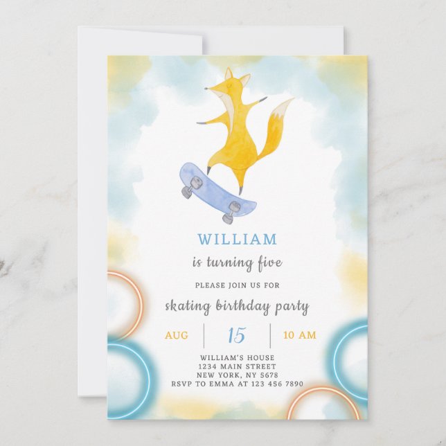Fox Skating Birthday Invitation (Front)