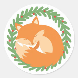 Fox Sleeping Inside Christmas Wreath Classic Round Sticker