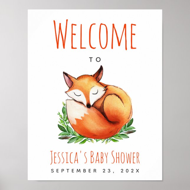 Fox Sleeping Woodland Baby Shower Welcome Sign (Front)