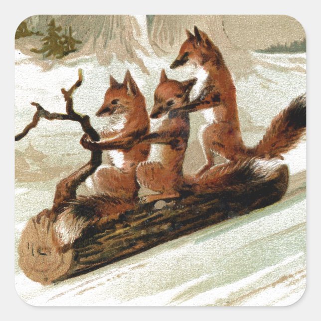 Fox Sleigh Ride Vintage Print Square Sticker (Front)