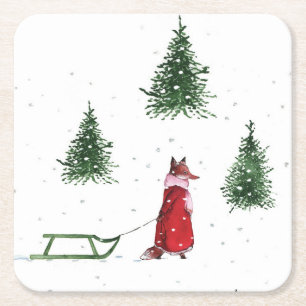 Fox snow winter Christmas illustration Square Paper Coaster