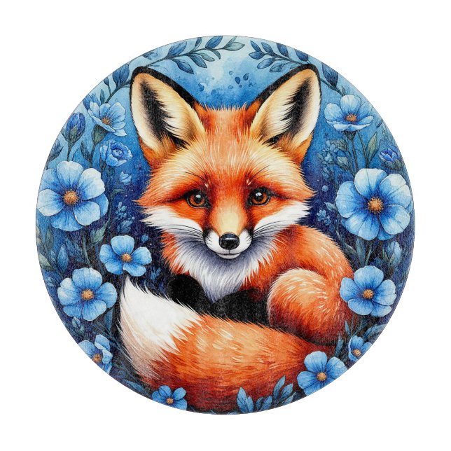 Fox Surrounded by Blue Flowers Cutting Board (Front)