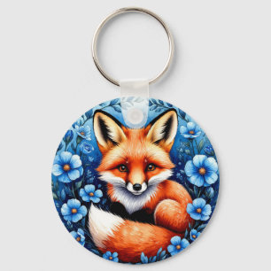 Fox Surrounded by Blue Flowers Key Ring