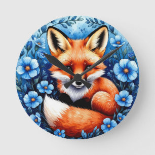 Fox Surrounded by Blue Flowers Round Clock