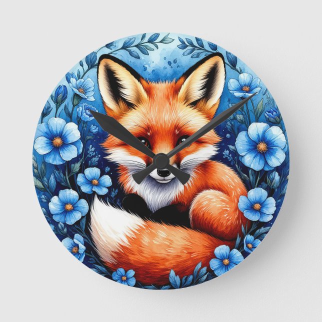 Fox Surrounded by Blue Flowers Round Clock (Front)