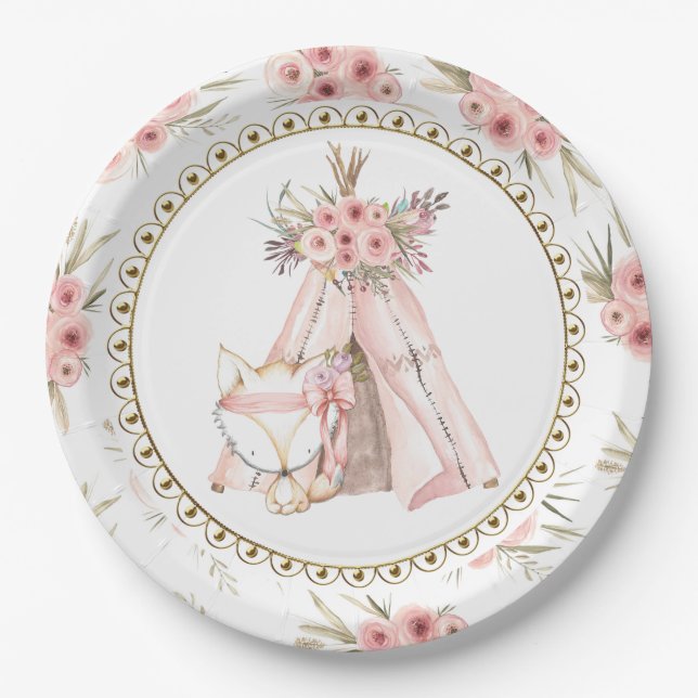 Fox TeePee Tribal Baby Shower Paper Plates (Front)