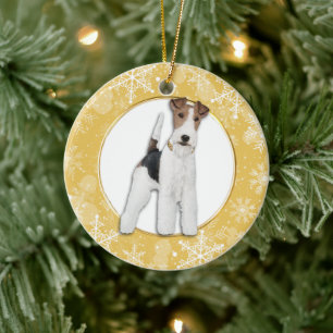 Fox Terrier Dog Gold Snowflake Border Ceramic Tree Decoration