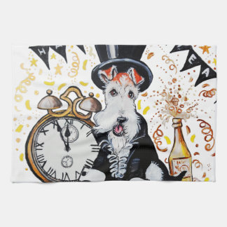Fox Terrier Happy New Year Tea Towel