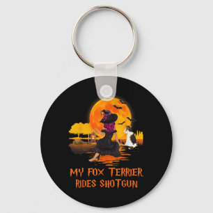 Fox Terrier Rides Shotgun Dog And Witch Halloween Key Ring