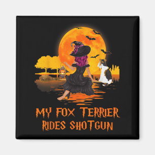 Fox Terrier Rides Shotgun Dog And Witch Halloween Magnet