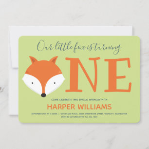 Fox Turning One First Animal Birthday Invitation