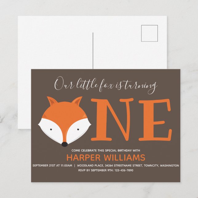 Fox Turning One First Animal Birthday Invitation Postcard (Front/Back)