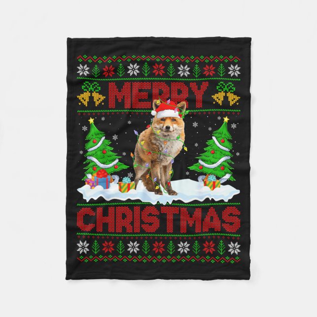 Fox Ugly Xmas Sweater Funny Fox Animal Merry Chris Fleece Blanket (Front)