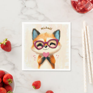 Fox Valentine's Day Heart Badge Kids School Napkin